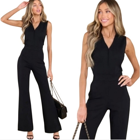 SPANX Perfect Sleeveless Jumpsuit Classic Black Ponte Flare Leg V-neck Slimming - Picture 2 of 16